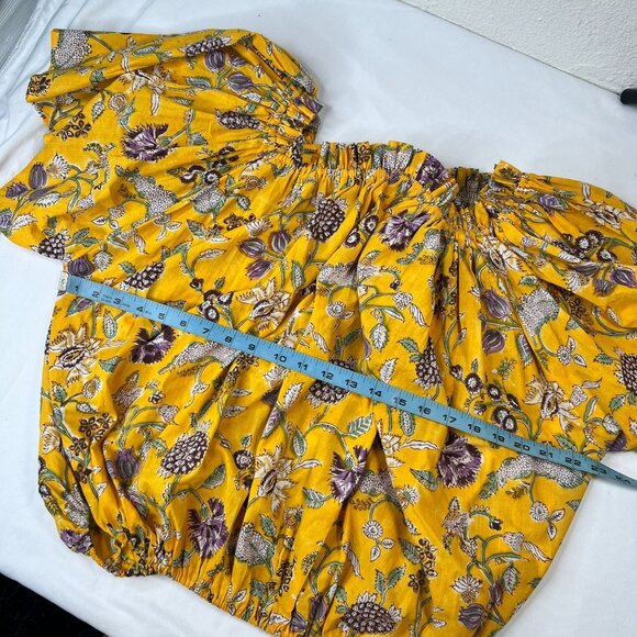 Floral Block Print Blouse Off Shoulder peasant Boho Yellow M/L - Picture 3 of 7